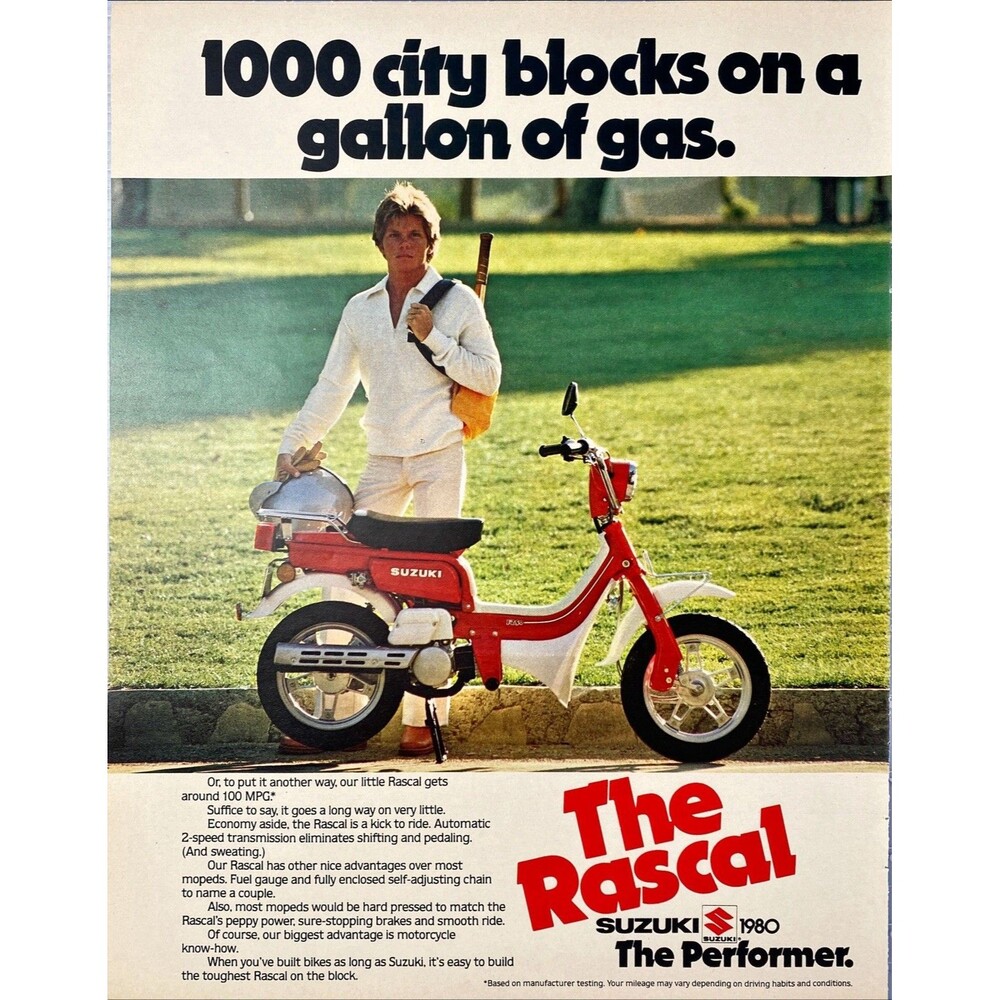 The Rascal Moped by Suzuki "1000 City Blocks per gallon" Vintage Print Ad 1979